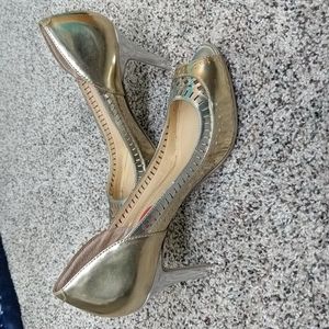 Women's gold and silver peeptoe heels